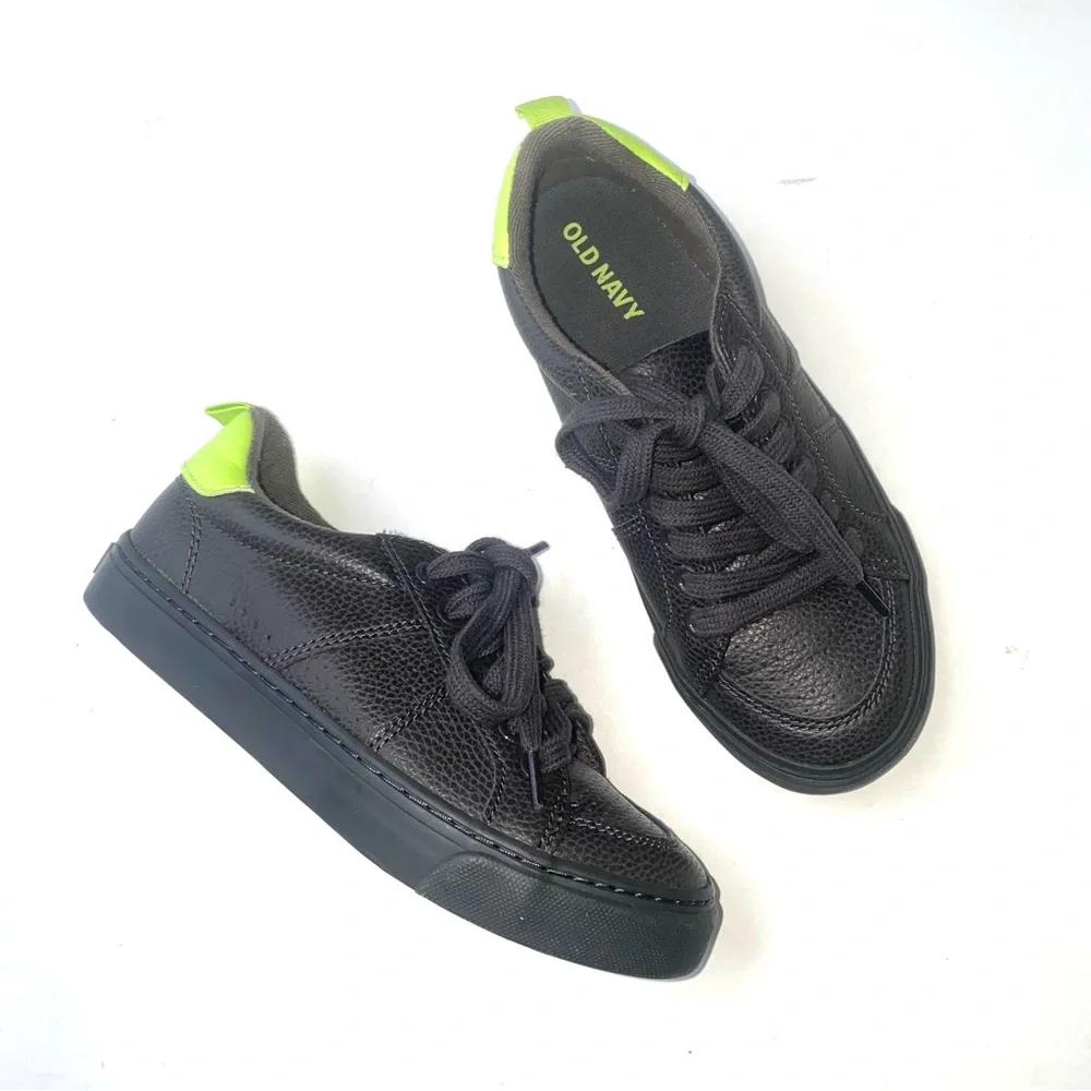 OLD NAVY Boys 12 Gray Faux Leather Low Top Neon Lace Up Sneakers *55